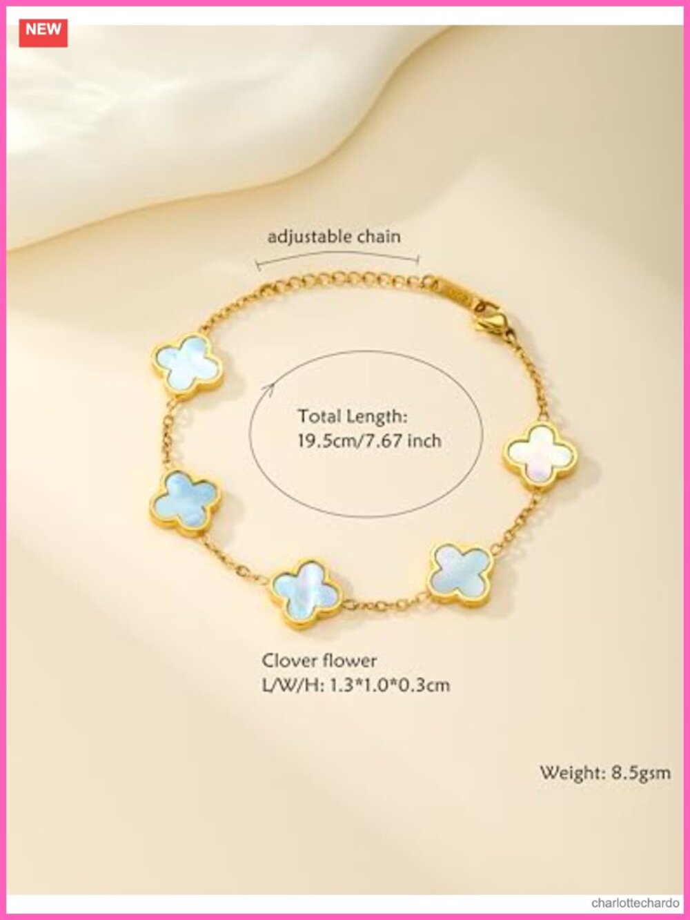 Genuine Mother of Pearl Four Leaf Clover Bracelet, 18K Gold Plated Dainty - Picture 2 of 6
